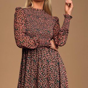 Lulus Floral Forever Green and Pink Floral Print Smocked Skater Dress - Large